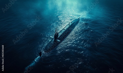 Generic military nuclear submarine floating in the middle of the ocean while shooting an undersea torpedo missile, wide banner with copy space area - Generative AI