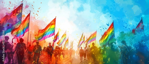 March with rainbow flags and diverse participants, pride parade awareness, vibrant street, Watercolor, Pop Art 8K , high-resolution, ultra HD,up32K HD