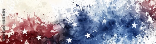 Red, white and blue background with stars in the style of watercolor, american flag themed, background design for a website banner Generative AI
