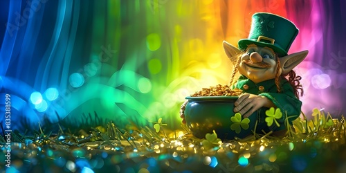 St Patrick's Day Whimsy and Spirit Leprechaun's Pot of Gold with Rainbow Backdrop. Concept St Patrick's Day, Whimsical Portraits, Leprechaun's Treasure, Rainbow Magic, Green and Gold Theme