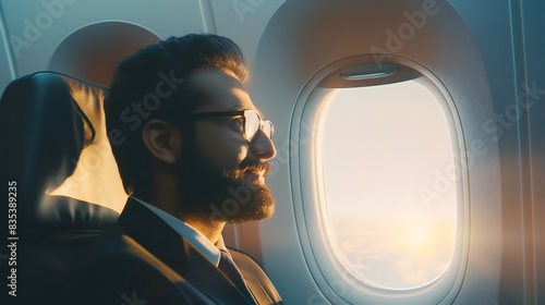 Indian businessman open the window of the plane to see the view outside from seat. Smile and enjoy the journey,