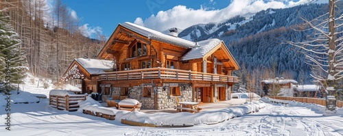 Luxurious mountain chalet in snowy landscape.