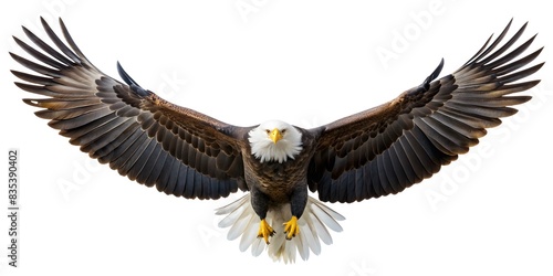 Majestic Bald Eagle in Flight, Front View Perspective, White and Brown Feather Detail