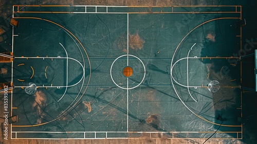 Aerial shot of a basketball court, showcasing the center circle, free-throw line, and clear boundary markings