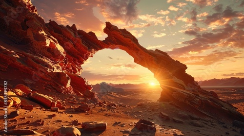 Formation of a red stone geological rock arch at sunset