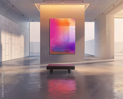 Contemporary Avant Art Gallery mockup showcasing bold glitch art in a clean, minimalist environment, celebrating digital imperfections and artistic innovation,