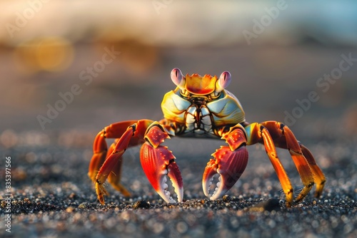 A crab sits on the sandy beach, waiting for its next meal
