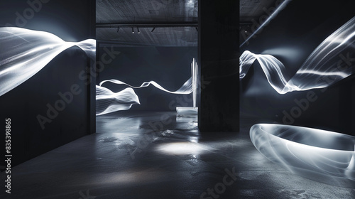 Innovative Avant Art Gallery interior with dynamic light installations in a dark, immersive space, creating a captivating interplay of light and form,