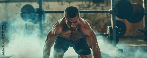 Shirtless man doing push-ups in a gym.