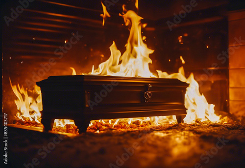 A burning coffin at the crematorium