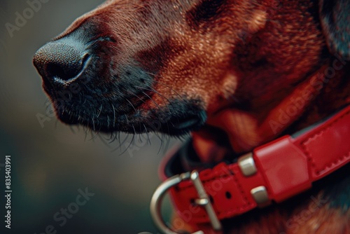 A close-up shot of a dog's face with a red collar