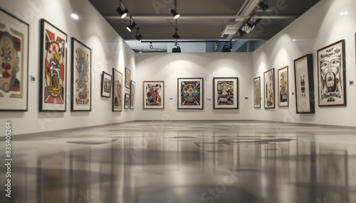 Sophisticated Avant Art Gallery layout displaying contemporary tattoo art in a clean, minimalist setting, celebrating the artistry and cultural significance,