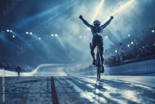 Triumphant Cyclist Crossing Olympic Velodrome Finish Line in Solo Breakaway