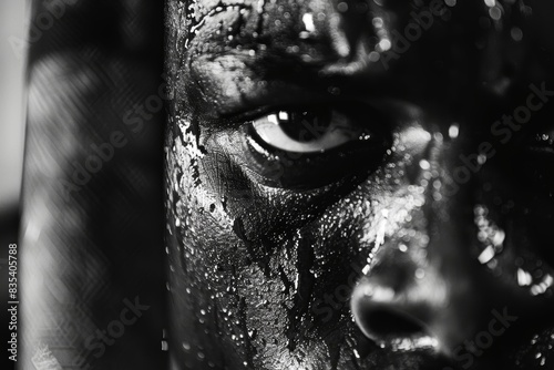 Intense Black and White Close-Up of Weightlifter's Determined Face Under Heavy Rain