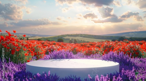 A serene landscape of vibrant lavender and poppy fields, with gently rolling sunlit hills in the background during the evening.