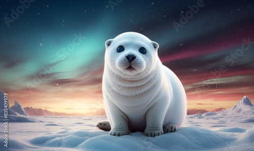 A white seal lying in the snow, against the background of the northern lights