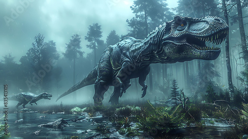 Carnotaurus stalking its prey in a dark misty forest with other dinosaurs