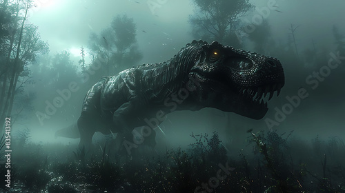 Carnotaurus stalking its prey in a dark misty forest