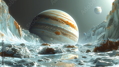 closeup of the icy surface of Europa one of Jupiter's moons with Jupiter and its stormy atmosphere visible above