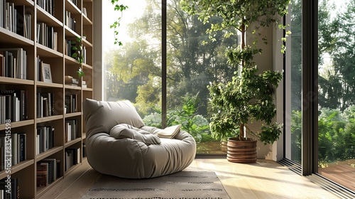 Cozy reading nook with a comfortable armchair and a bookshelf