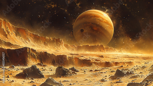closeup of the volcanic landscape on Io with Jupiter prominently in the background