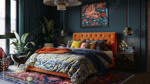 Maximalist bedroom with bold patterns and layered textures