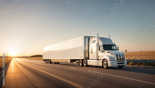  Modern white commercial truck with a blank white trailer driving on a highway in the American heartland. 