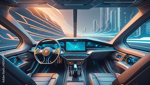 Futuristic autonomous vehicle cockpit. Interior of unmanned car cockpit with digital screens