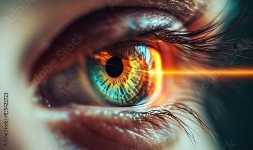 closeup of a human eye with Lasik vision laser correction procedure and beams going into the cornea as wide banner with copy space area, Generative AI