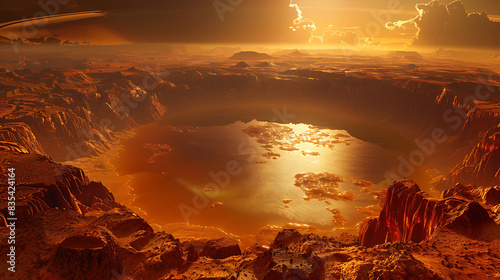 detailed image of the methane lakes on Titan Saturn's largest moon with the planet's rings faintly visible