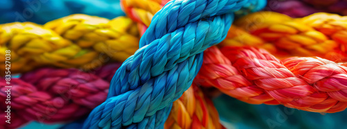 colorful rope knot, a colorful background of various colored ropes tied together in an intricate knot, symbolizing unity and strength. Isolated on a black background with margins