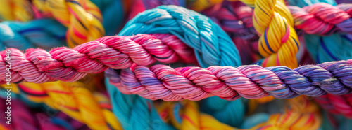 close up of colorful rope, a colorful background of various colored ropes tied together in an intricate knot, symbolizing unity and strength. Isolated on a black background with margins