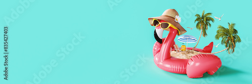 Summer vacation concept. Pink flamingo with palm trees and accessories on turquoise blue background with copy space. 3D Rendering, 3D Illustration