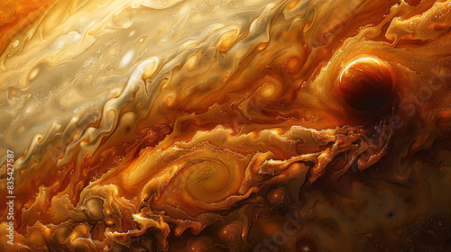detailed view of the Great Red Spot on Jupiter with its turbulent storm clouds swirling
