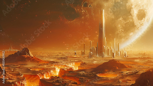 futuristic cityscape on the surface of Mars with Olympus Mons towering in the distance