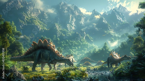 group of Stegosaurus peacefully grazing in a lush green meadow surrounded by other dinosaurs