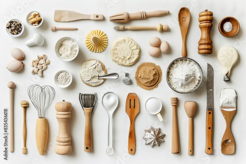 assortment of baking utensils and tools arranged on a white background flat lay composition cooking and pastry concept