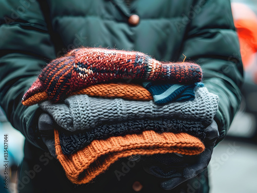 Person handing bundle of warm clothing to grateful person at homeless shelter, spreading kindness.