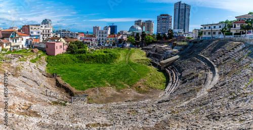 A panorama view across the Roman amphitheatre in Durres, Albania in summertime
