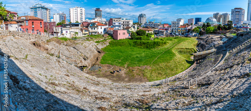 A panorama view down over the Roman amphitheatre in Durres, Albania in summertime