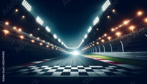 A brightly lit race track at night, featuring a well, marked starting line and illuminated by powerful lights, ready for an exciting race.