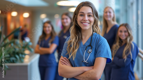 A nursing student in scrubs, confidently standing with her supportive team in a modern hospital lobby, prepared for clinical rounds