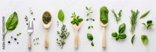 Close-up fresh herbs and spices arranged on white surface, dried herbs and spices in wooden spoons