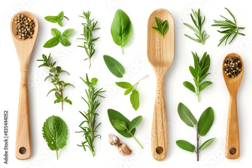 Flat lay fresh herbs and spices, on white background, wooden spoons are filled with peppercorns