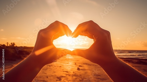 hands making heart under the sun. People love, nature symbol concept
