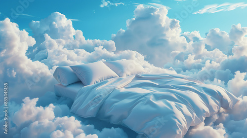 A bed with silky sheets and pillows placed among fluffy clouds under a blue sky.
