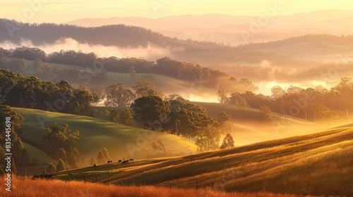 Dawn in the hills ridge blurred by morning mist expansive scenery