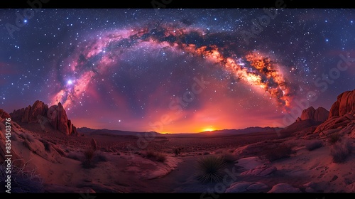 panoramic image of the Milky Way arching over a desert landscape on Earth with the zodiacal light visible in the predawn sky
