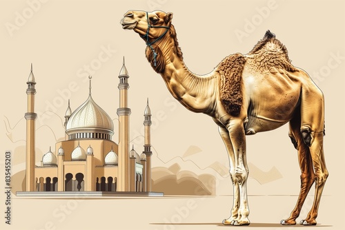 A radiant Eid al-Adha Mubarak vector illustration showcasing a regal camel and a splendid mosque, elegantly isolated against a solid background,