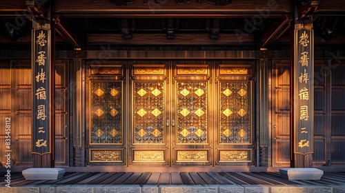 Luxurious entrance lobby, Japanese-style doors with gold elements.